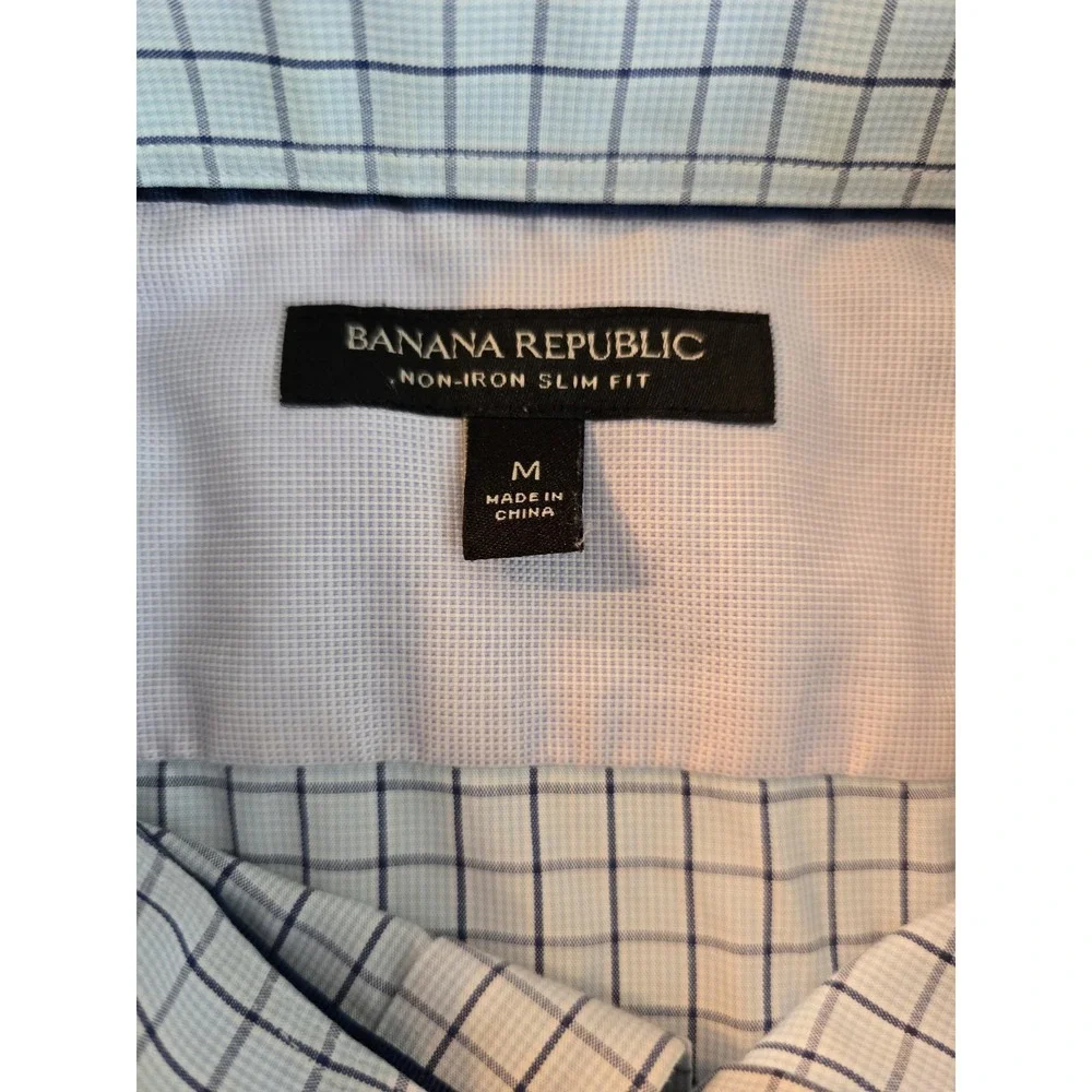 Banana Republic Mens Medium Blue Plaid Button Front Shirt Non-Iron Slim Fit